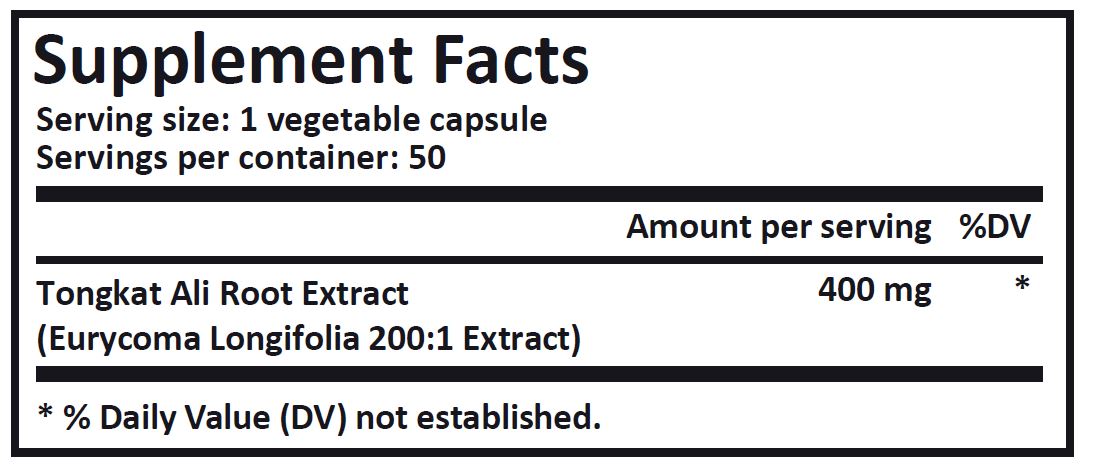 Tongkat Ali Extract 200:1 - 400mg/Cap - 50 Vegetarian Capsules